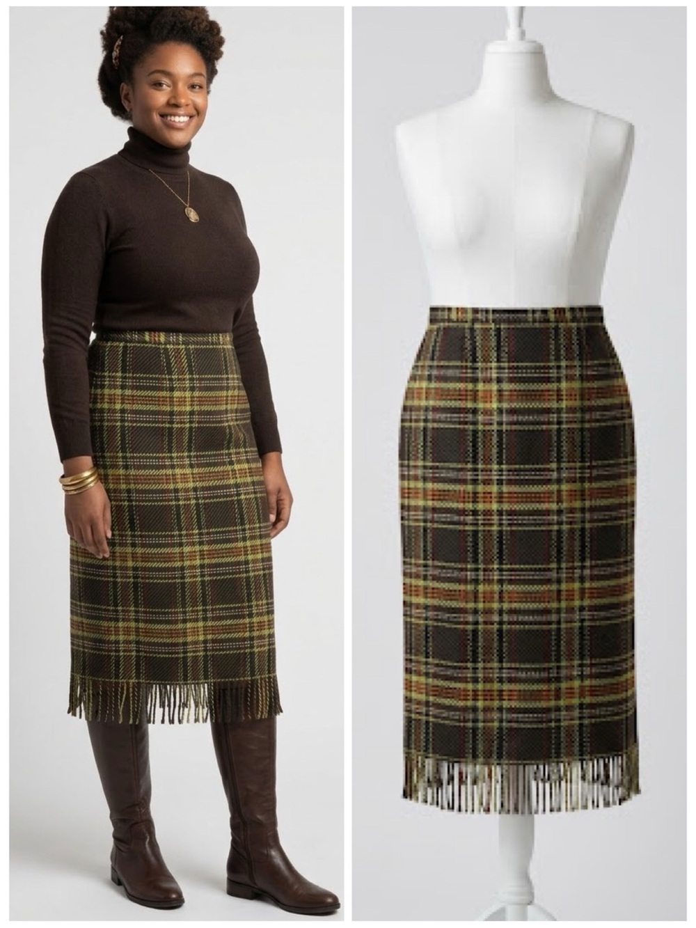 Requirements Vintage Plaid Fringe Midi Skirt Wool Blend Brown Plaid Size 16